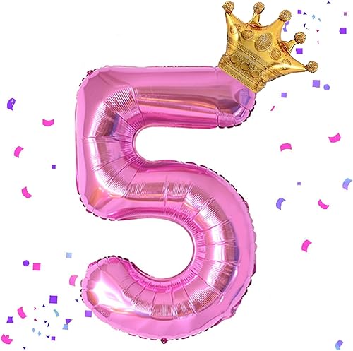 Globo rosa intenso de 40 pulgadas con número 5 y corona pequeña para decoraciones de fiesta de cumpleaños, decoraciones de fiesta de cumpleaños 5,