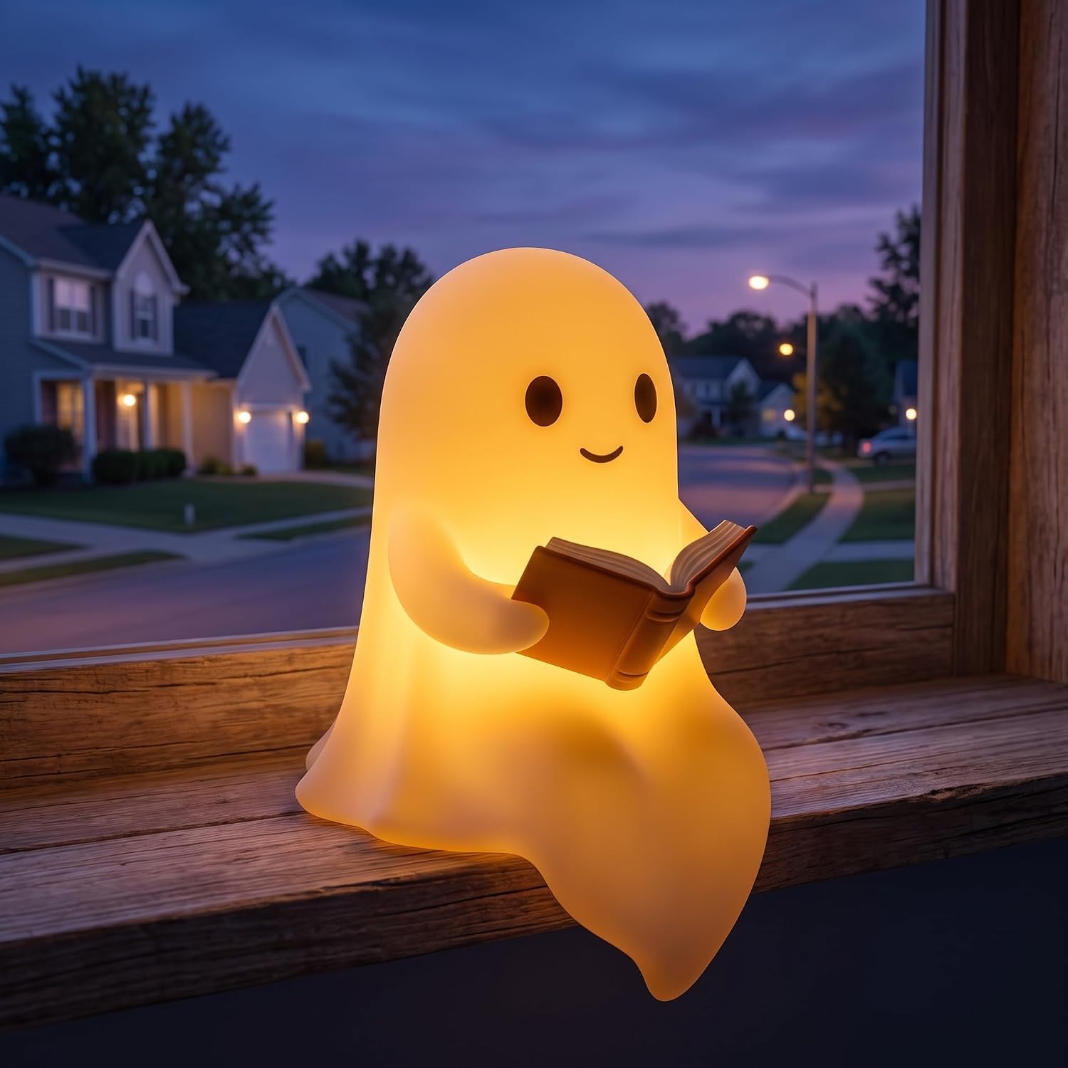 ATLETHIOLOG Halloween Ghost Reading Book Lamp, Funny Ghost Figurine Statue, 3D Unique Night Light Gifts Tabletop Ornament Decoration Cartoon Resin Sculpture for Holiday Decor Supplies