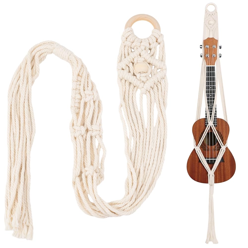 CREATCABIN Macrame Ukulele Hanger White Guitar Wall Hangers 2.28" x 37.4" Cotton Boho Hanging Stand Holders Hangers Alternative Kit with Wood Ring Head for Acoustic Electric Guitars Walls Decorations