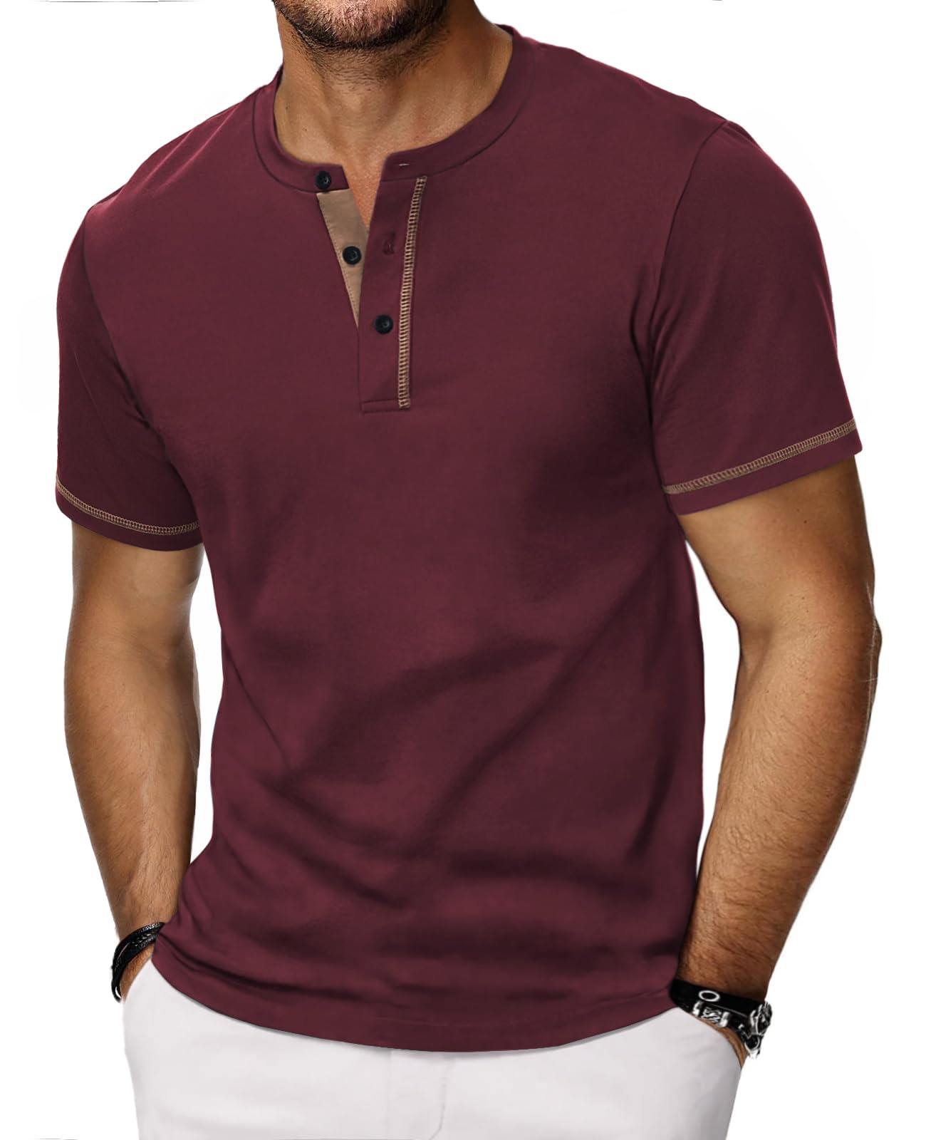 HMIYA Henley Kurzarm T-Shirts für Herren Sommerhemd Baumwolle Knopf Color-Blocking-Ärmeln T-Shirt für Männer