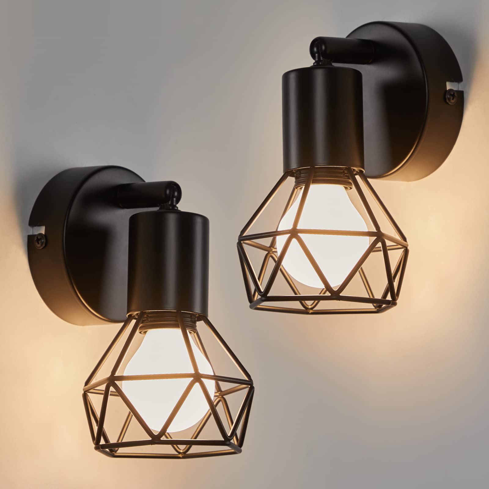 2 Stück Deckenstrahler Schwarz - Metall Vintage Wandlampe E14, Verstellbare Wandstrahler 1 Flammig, Wandleuchte Innen für Küche Schlafzimmer Wohnzimmer Flur Büro - Ohne Leuchtmittel
