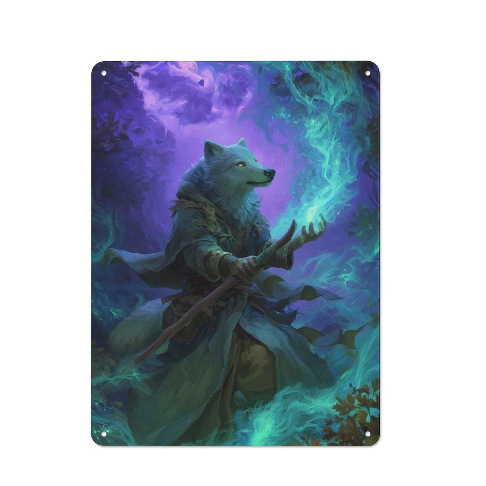 Junmoney Wolf Mage Casting Magic Tin Wall Plaque 40X30cm, Rustic Farmhouse Wall Decor For Dining Room, Cafe, Entryway Or Family Room