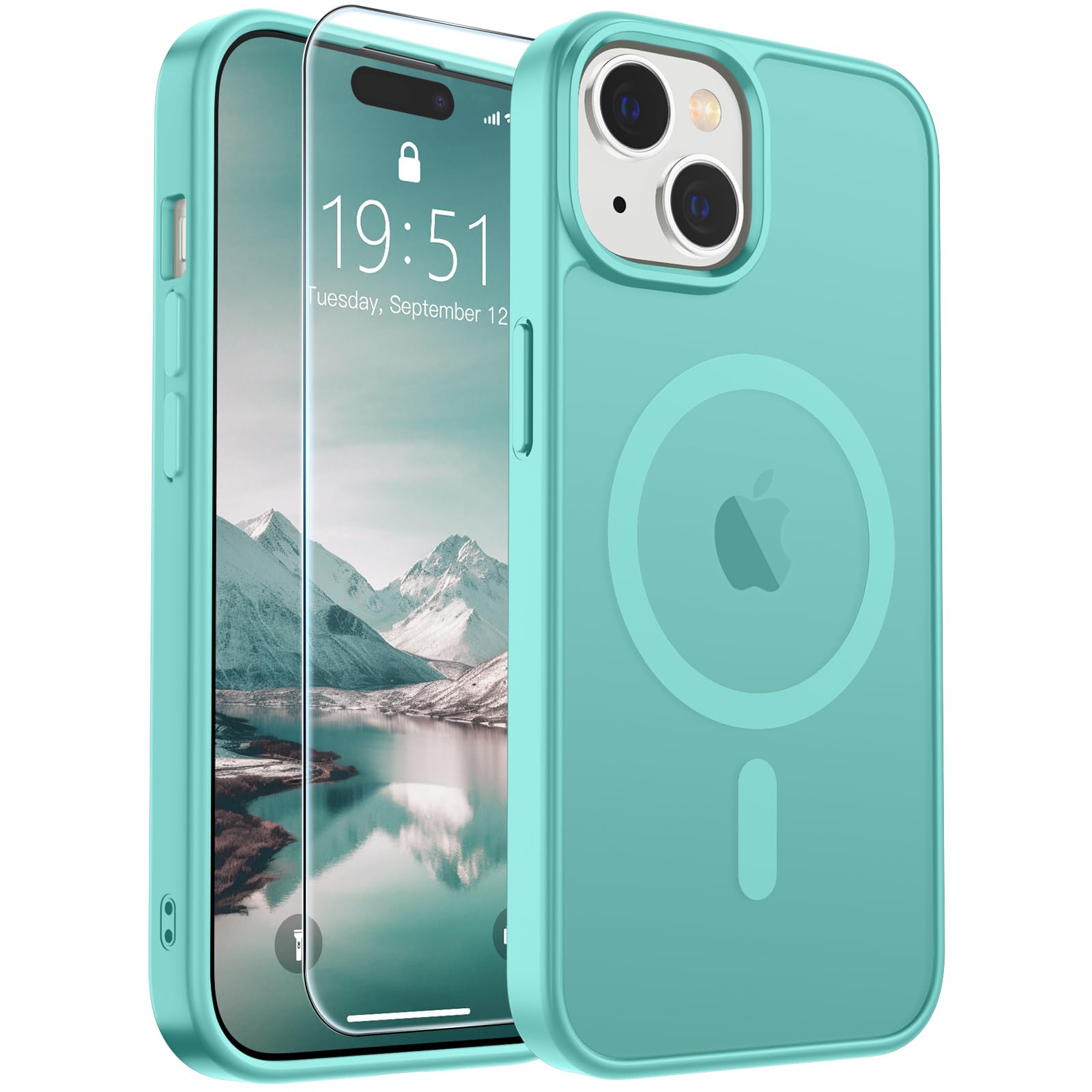 SUPFINE Magnetic for iPhone 15 Case Blue Green | With Screen Protector, Translucent Matte, Compatible with MagSafe, Military Grade Drop Proof, Rugged Shockproof Protective