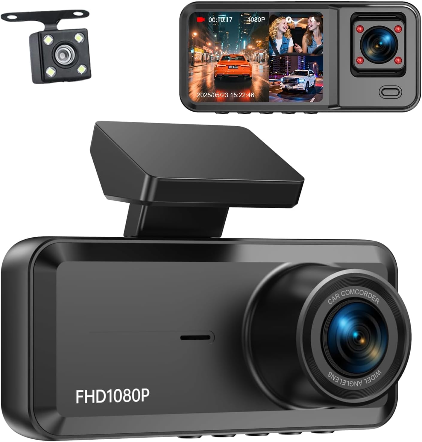 3 Channel Dash Cam Front and Rear, 1080P Dash Camera for Cars, Dashcam Three Way Triple Car Camera with IR Night Vision, Loop Recording, G-Sensor, HDR, 24 Hours Recording