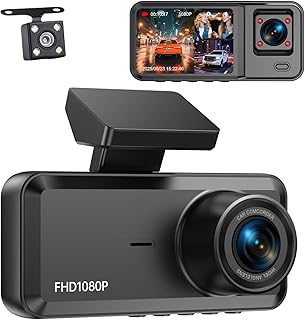 KooBaCar 3 Channel Dash Cam Front and Rear, 1080P Dash Camera for Cars, Dashcam Three Way Triple Car Camera with IR Night Vision, Loop Recording, G-Sensor, HDR, 24 Hours Recording