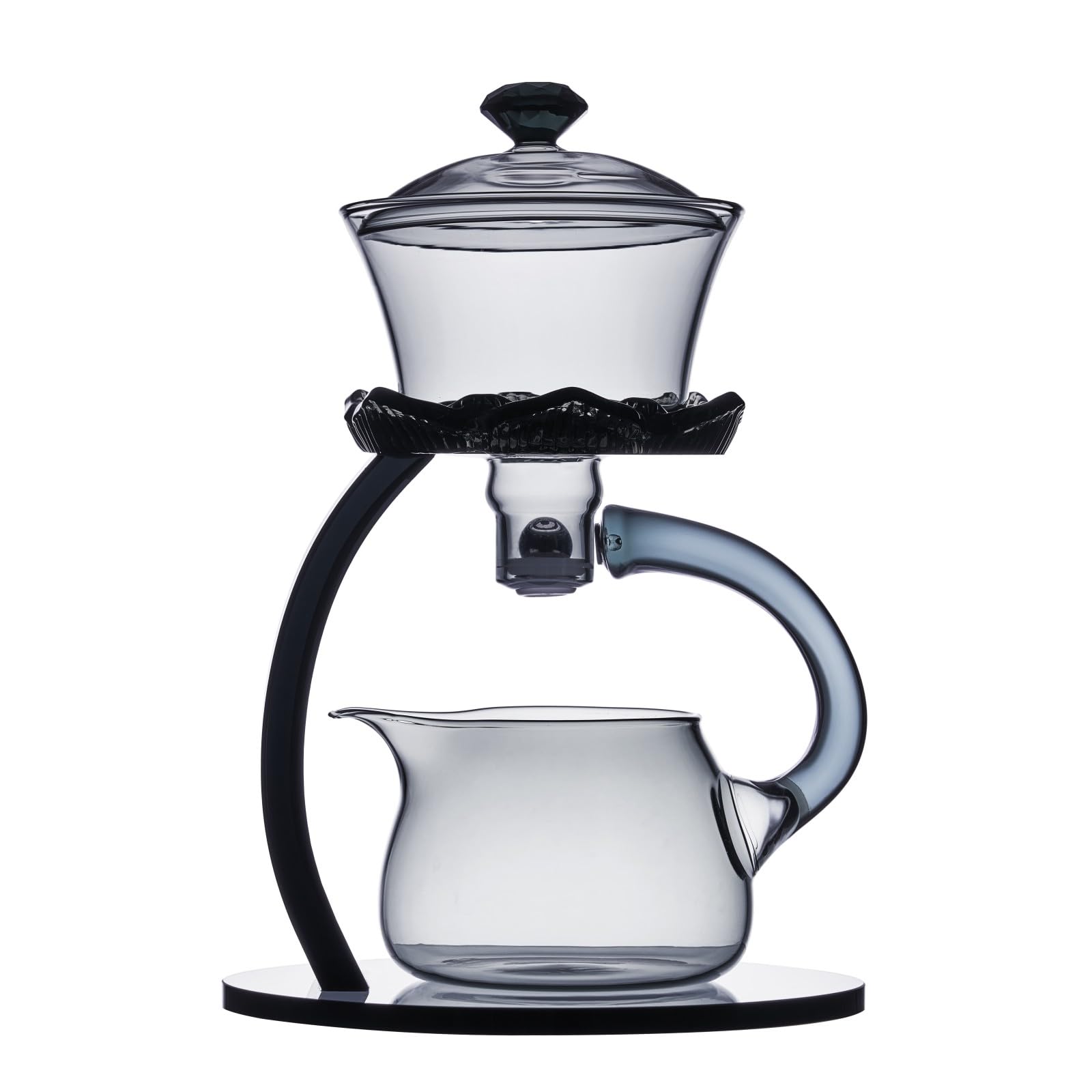 Półautomatyczny szklany czajniczek, Lazy Kungfu Drip Teapot z zaparzaczem, wzór kwiatu lotosu, żaroodporny szklany zestaw do herbaty, odpowiedni do recepcji domowej/biurowej (szary, czajniczek)