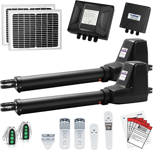 TOPENS AT12132S - Abridor solar de doble puerta oscilante, motor de puerta automático resistente para puertas batientes dobles de hasta 18 pies por