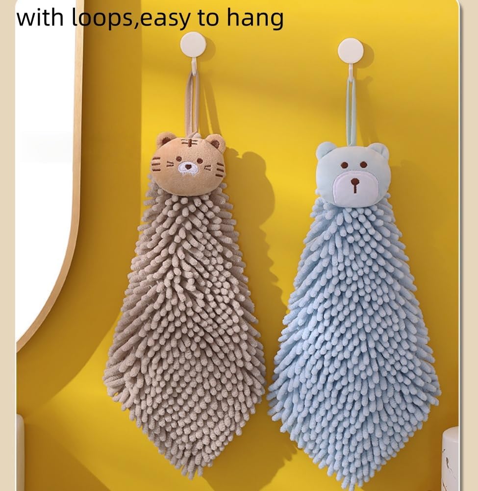 Ivymei 4 Pack Cute Animal Chenille Hand Towels Fuzzy Hanging Hand Towels with Loop for Bathroom Kitchen,Quick Dry Hand Bath Towels(mixcolor)