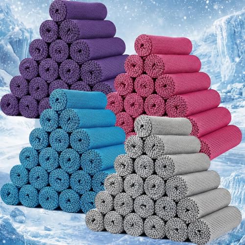 BBTO 100 Pack Cooling Towel - 32 x 12 Microfiber Cold Sports Sweat Rags Neck & Face Breathable Ice Chilly Towel for Gym Yoga Golf Workout Beach Accessories(Purple Pink Gray Blue)