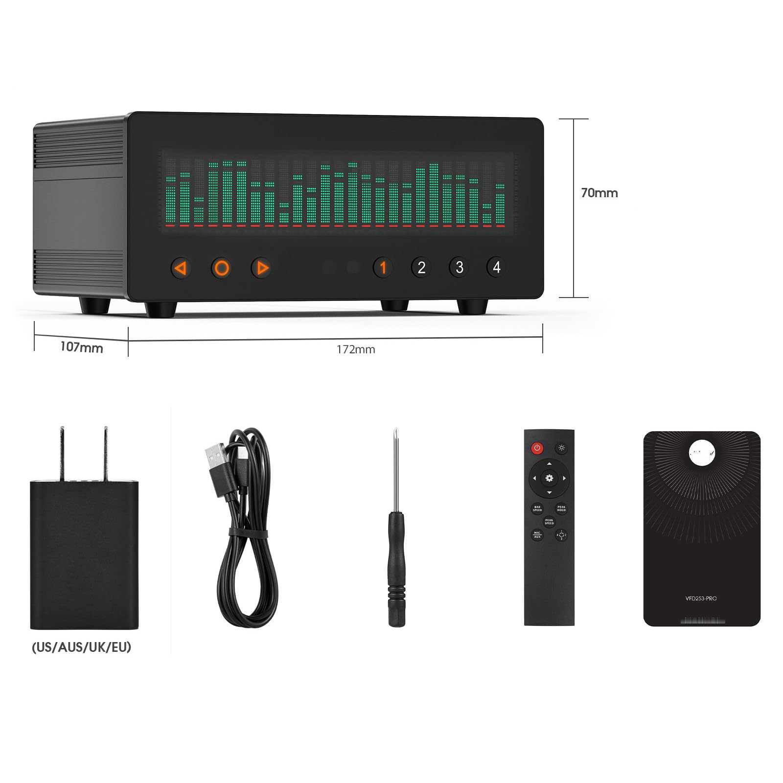 Conmutador de audio de 4 canales, distribuidor Hi-Fi 1 entrada 4 salidas / 4 entradas 1 salida, reloj VFD/pantalla espectro musical de 25 bandas, con entrada/salida RCA L/R y entrada Pickup Mic