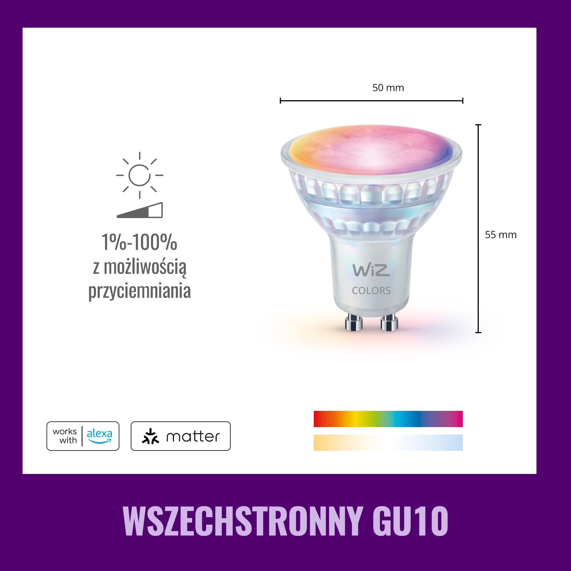 Szklany reflektor punkt WiZ Smart LED GU10, kolor i regul odcień białego światła, odpowiednik 50 W, 2200K–6500K, 345 lumenów, przyciemn, działa z Alexą, Google Assistant i Apple Home, op. 1 szt.