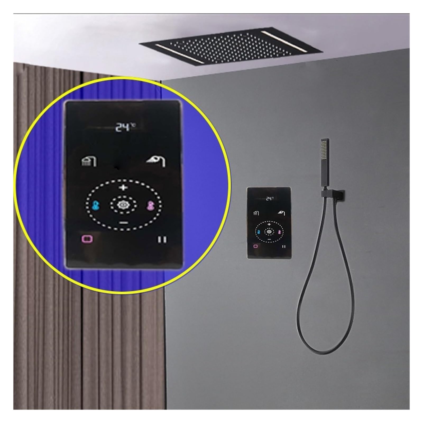 Set Doccia a soffitto Sistemi Doccia Intelligenti Neri con Pannello di Controllo Touch Digitale termostato, soffione a Pioggia LED 500 * 360MM Bagno(Shower Head Set)