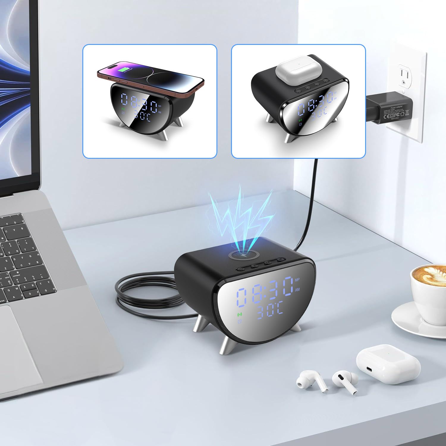 Chargeur sans Fil avec Horloge/Réveil Numérique, Chargeur à Induction Station de Charge pour iPhone/Samsung Galaxy/Pixel, Réveil de Chevet, Horloge de 12/24h, Affichage LED avec Température, Noir
