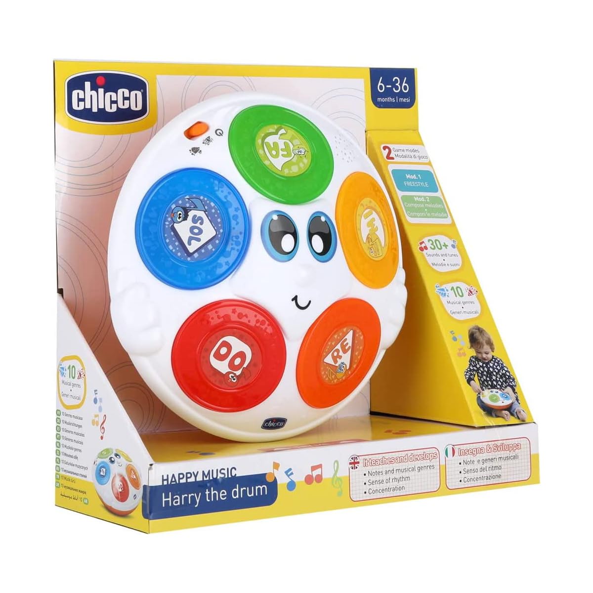 Chicco Donatello il Tamburello, Strumenti Musicali per Bambini, Gioco Musicale Educativo Elettronico, Tamburo Giocattolo, 2 modalità di gioco, 30+ Canzoni, 5 Tasti e Luci, Giochi Bimbi 6 mesi- 3 anni