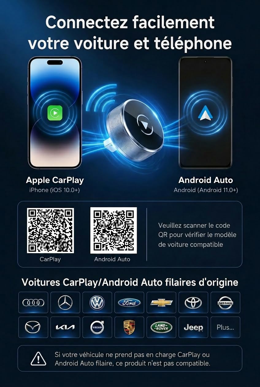 2026 Adaptateur Carplay & Android Auto sans Fil, 2-in-1 Adaptateur Carplay sans Fil, WiFi 2,4/5GHz avec Connexion Automatique, Plug & Play pour iPhone & Android, Design Premium en Aluminium