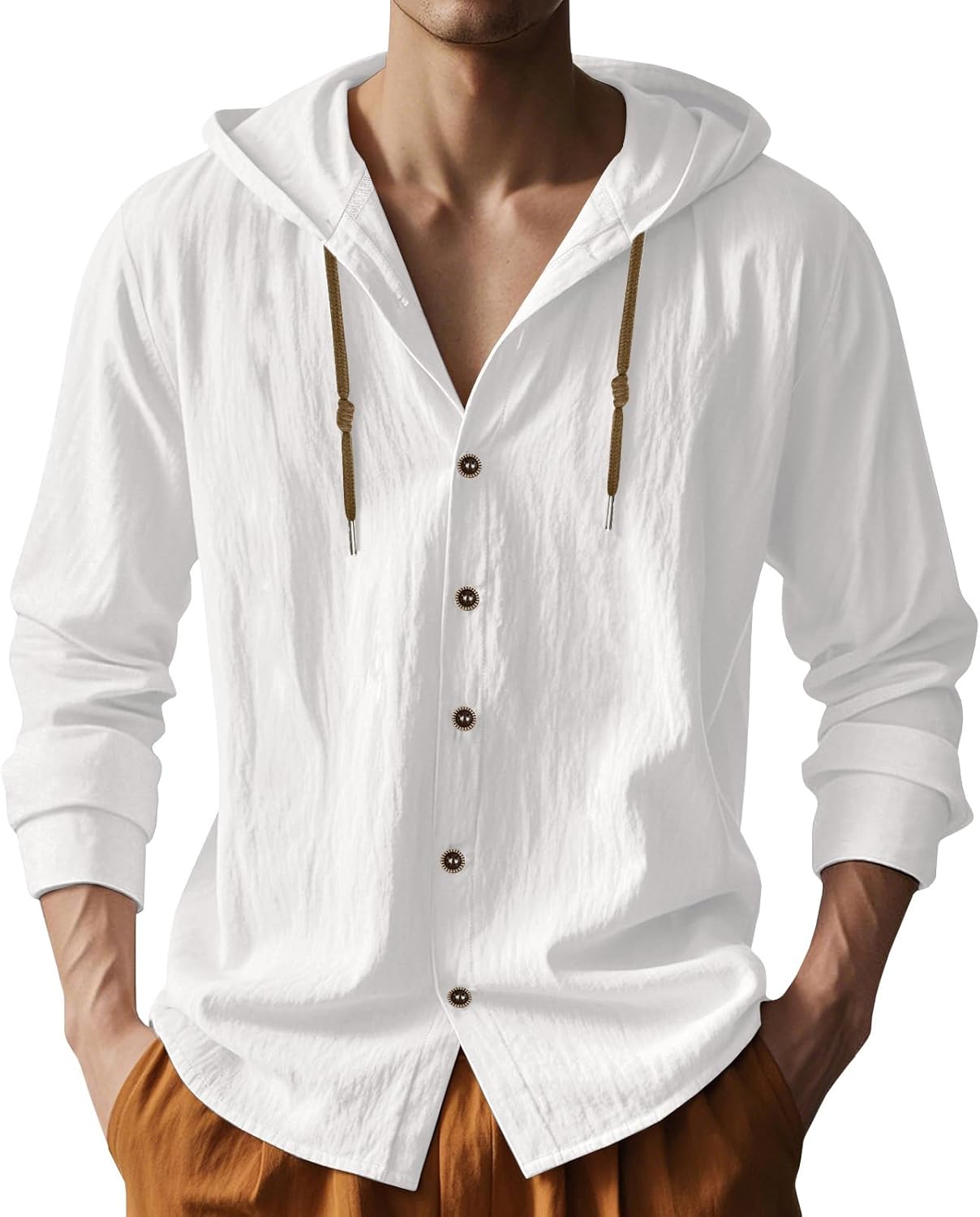 Mens Cotton Linen Hoodies Lightweight Long Sleeve Button Down Shirts Casual Hawaiia...