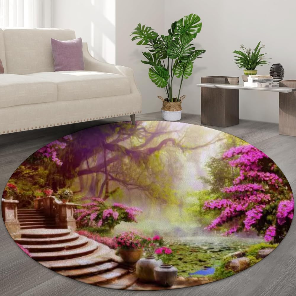 Tapis rond 3D effet bois de jardin pour sublimer l'espace canapé du salon