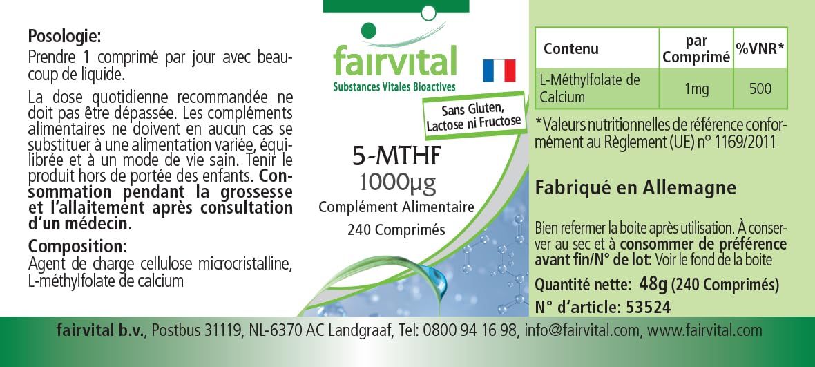 Fairvital | 5-MTHF - 240 tabletek - 1mg na tabletkę - bioaktywny kwas foliowy - płodność i ciąża - sprawdzona jakość i wysoka dawka - 100% wegańskie - wyprodukowano w Niemczech