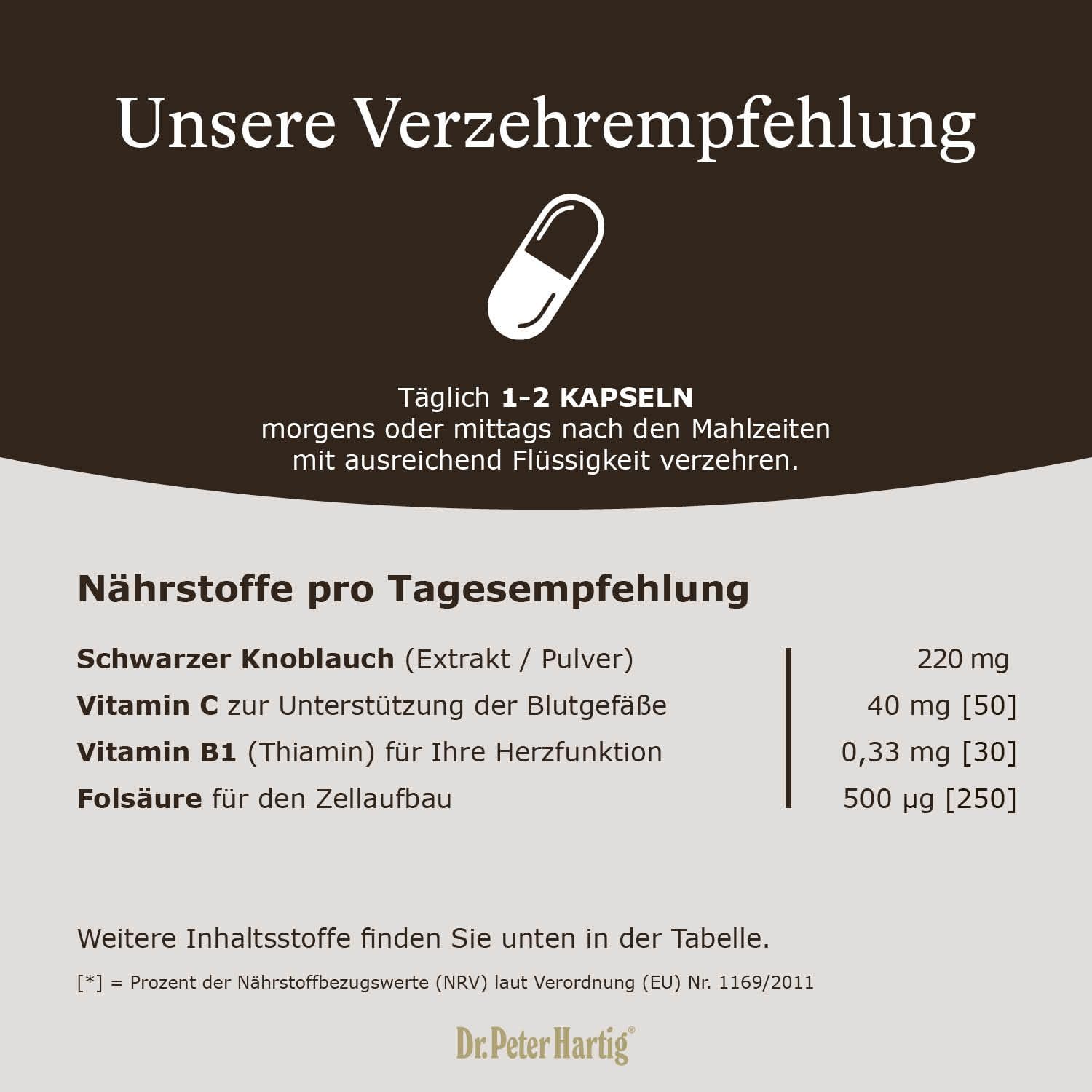 Dr. Peter Hartig Schwarzer Knoblauch 120 Kapseln 3-Monats-Vorrat Thiamin Folsäure Vitamin C Geruchsfrei Fermentiert Vegan