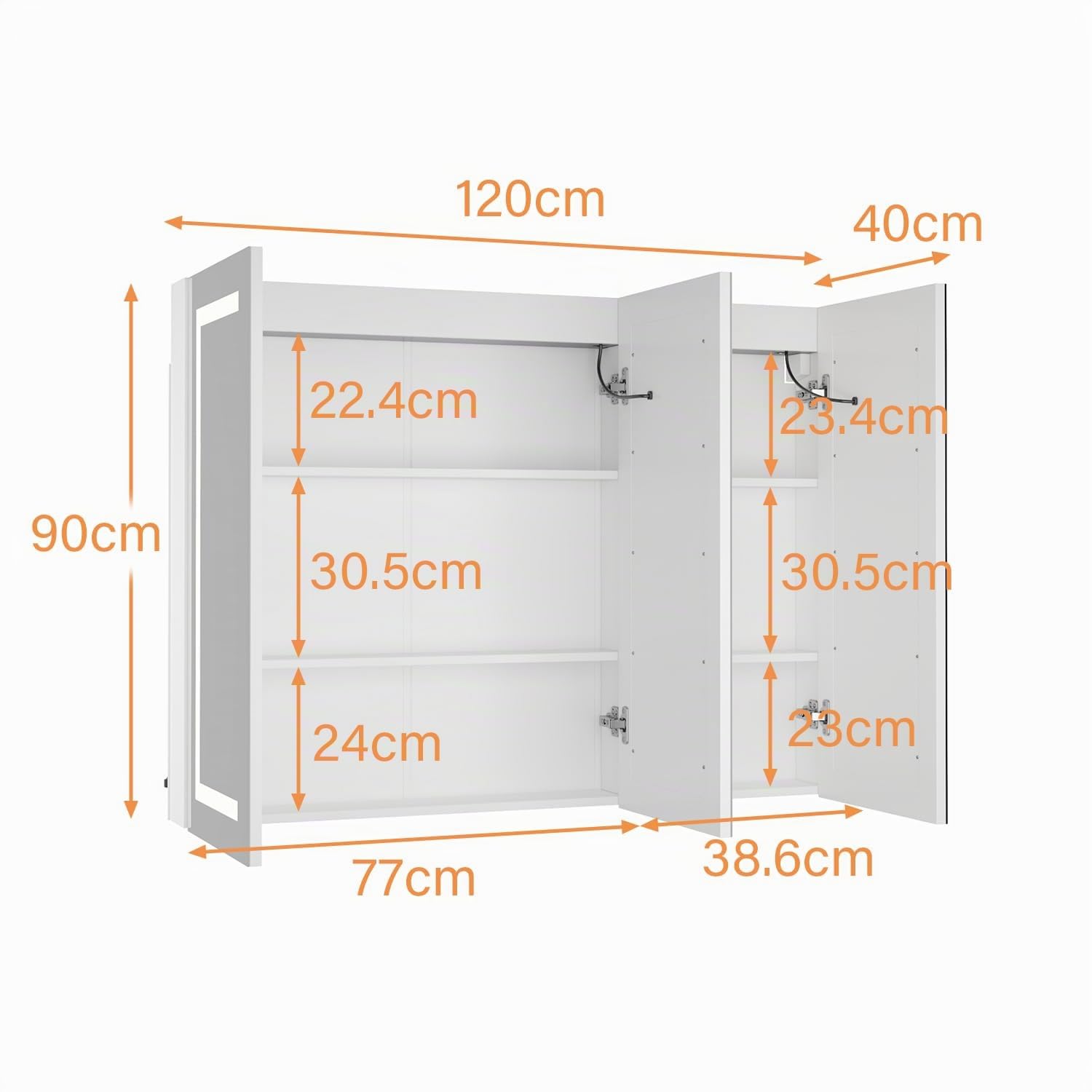 Caldion Armario con espejo de 120 cm para baño con 3 luces LED, función de desinfogación, armario de baño con 3 espejos, armario colgante con estantes, armario de pared con puertas de cristal, 120 x