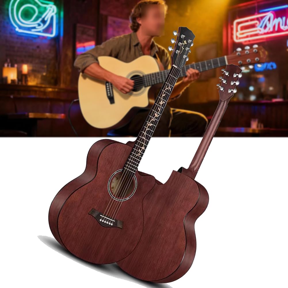 Gitara akustyczna z drewna dla dorosłych, Podstawowy kurs gry na gitarze folkowej dla początkujących, z pokrowcem, stroikiem, strunami i kostkami,Brown,40in