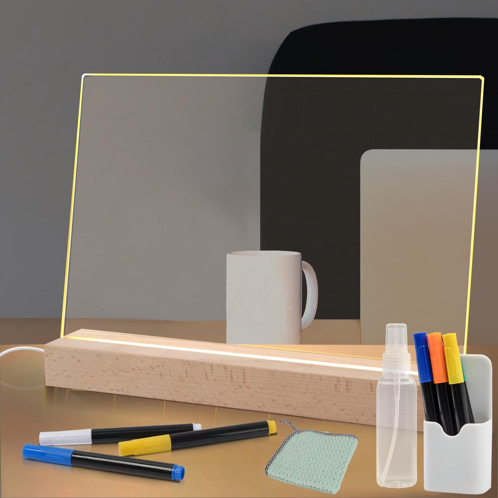 Acrylic Dry Erase Board with Light Up Stand for Desk 13 x 9, Clear Desktop Note Memo White Board Notepad Table LED Letter Massage Boards for Personal
