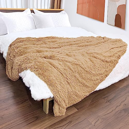 Image of Tuddrom Decorative Extra Soft Faux Fur Blanket Twin Size,Solid Reversible Fuzzy Lightweight Long Hair Shaggy Blanket,Fluffy Plush Fleece Comfy Microfiber Throw Blanket for Couch Sofa Bed,Camel