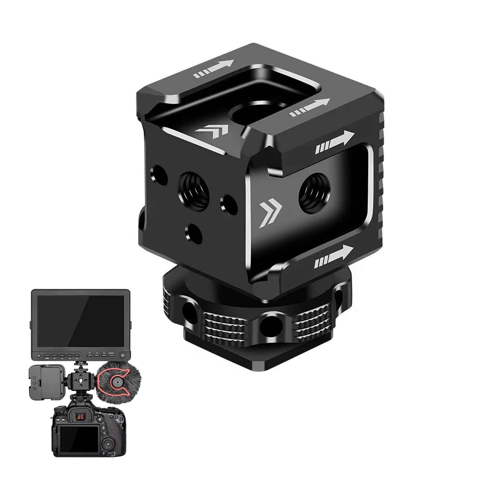 3 Port Cold Shoe Mount with 1/4"-20 Thread for Camera Cage Flash LED Monitor Microphone etc., Aluminum Camera Triple Cold Shoe Extension Bracket