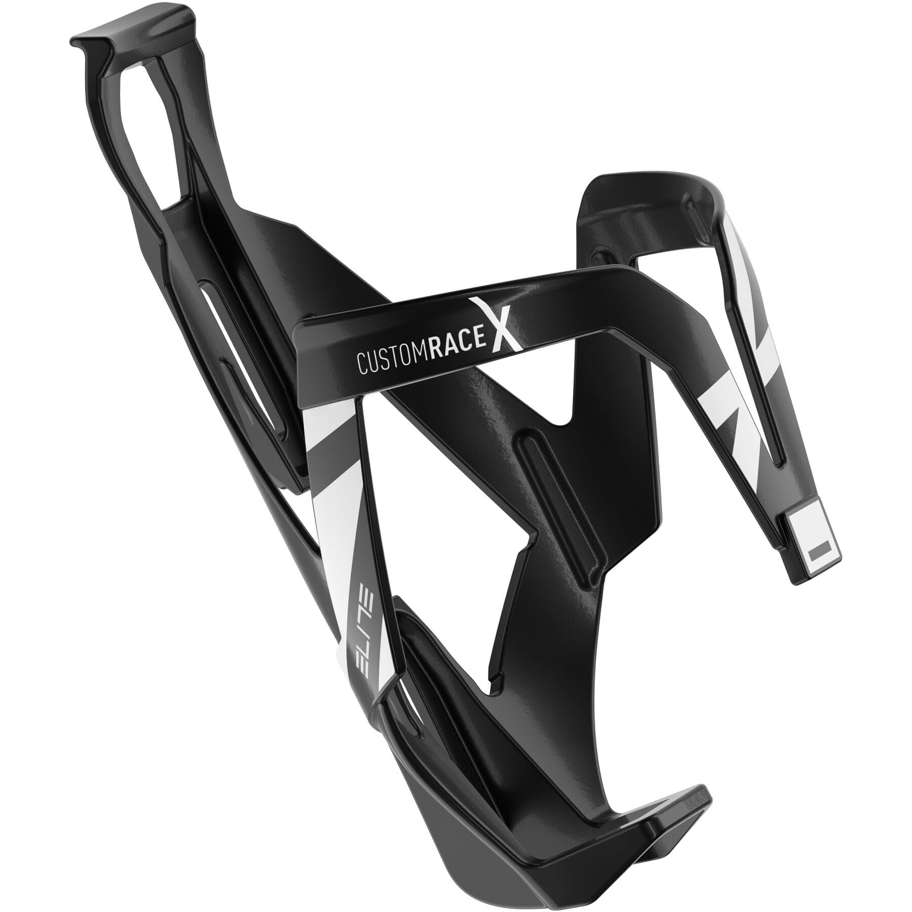 Elite Custom Race X Bottle Cage Black Glossy White Graphic – Ultra Lightweight Side-Entry Bike Bottle Holder 28.5g – Self-Adjusting Fibre-Reinforced – For Road Bike, MTB & Gravel Cycling