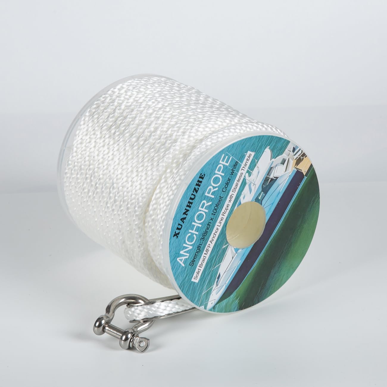 100 ft x 3/8 inch Anchor Rope, Braided Anchor Line Premium Solid Braid MFP Boat Anchor Rope with Stainless Steel Thimble & Shackle, Marine Rope, Boat Accessories-White