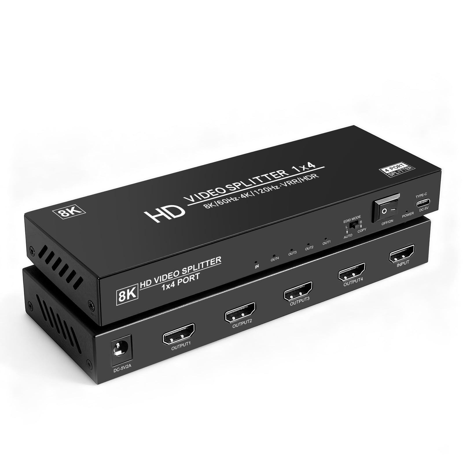 Divisor HDMI 8K 1 en 4 salidas, 1x4 HDMI 2.1 divisor 8K @60Hz 4K @120Hz, 48 Gbps, EDID, escalador automático de bajada, HDCP 2.3, VRR, HDR10+, 3D, solo duplicación/pantallas de espejo (no extensibles