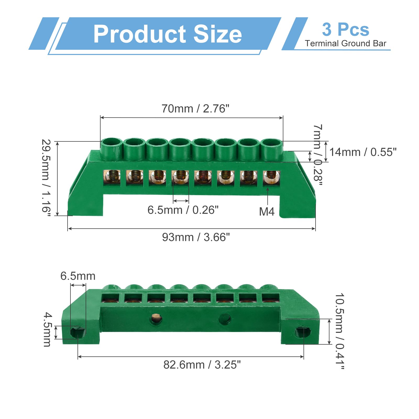 MECCANIXITY 3 Pcs Terminal Ground Bar, 8 Positions Screw Brass Terminal Bus Bar, 7x14mm Ground Terminal Block for Electrical Equipment, Distribution Box, Green