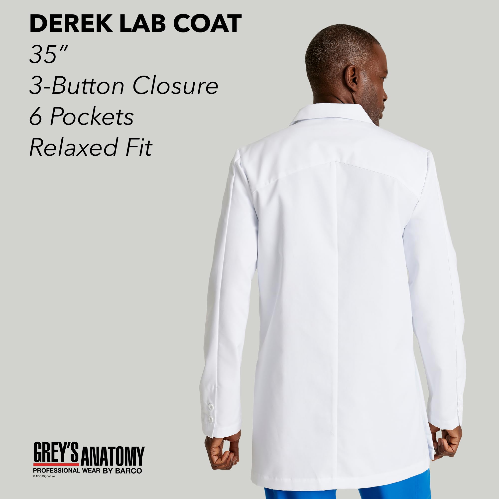 BARCO Grey's Anatomy Scrubs - Derek - Bata de laboratorio profesional de manga larga de 3 botones de longitud completa de 35 a 39 pulgadas, Blanco, 38 Regular