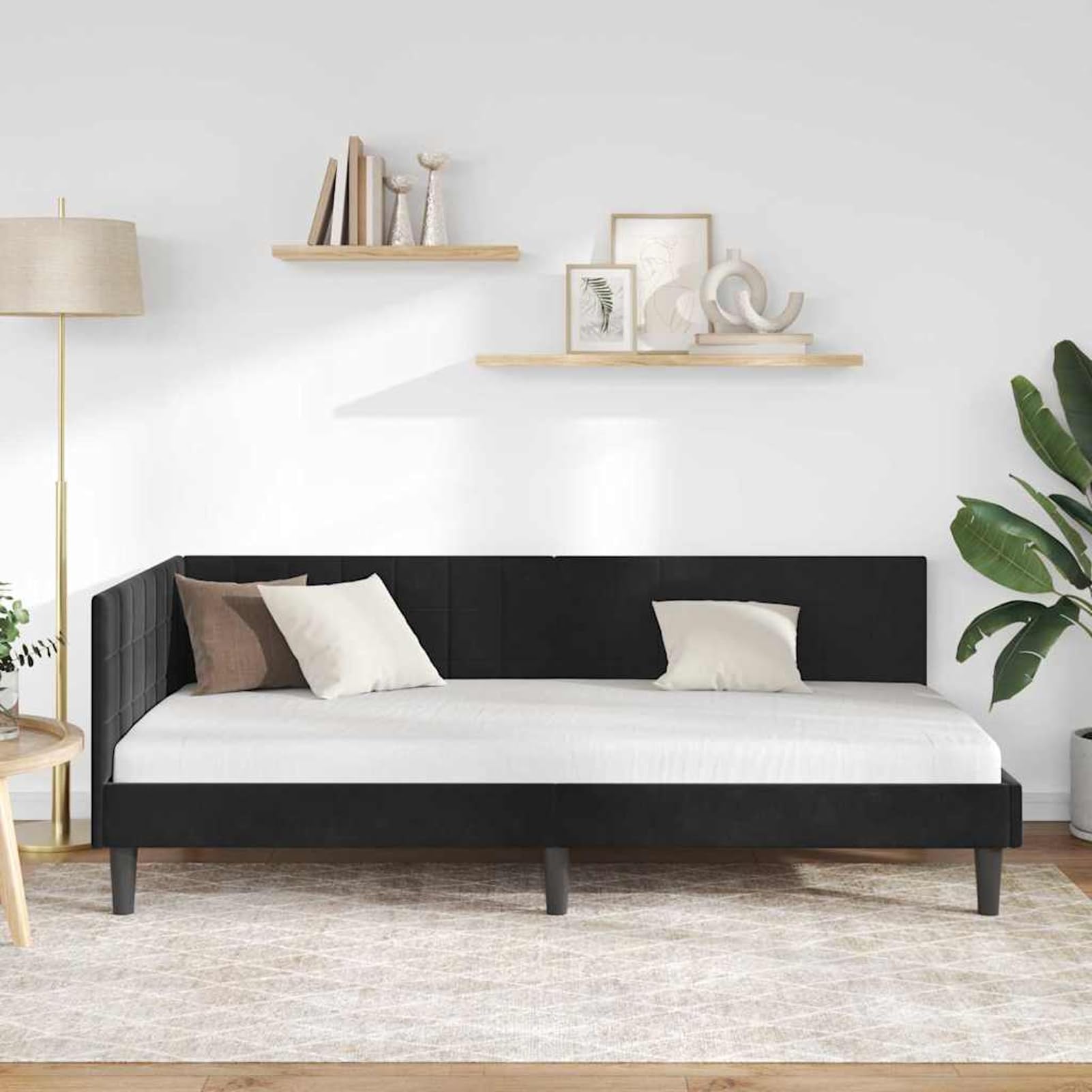 Gecheer Eckbettgestell mit Kopfteil Schwarz 90 cm x 200 cm Stoff, Eckbett Familienbett Schlafsofa Bettgestell für Schlafzimmer Kinderzimmer Dachgeschoss42016433