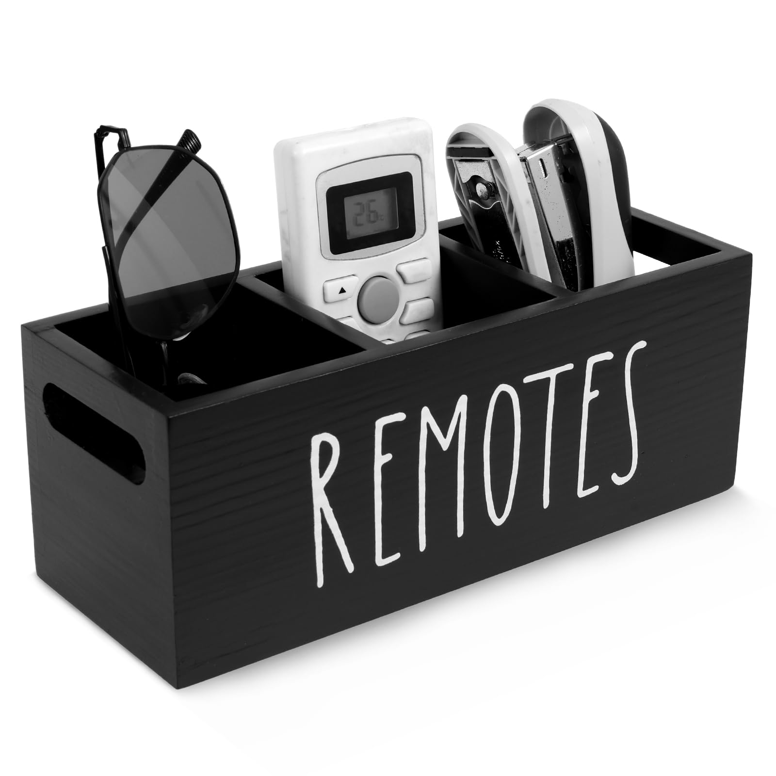 KTCINA Remote Control Holder 3 Compartment Wood Remote Caddy TV Remotes Holder, Large Remotes Organizer Caddy Pen Holders Storage Accessories for Nightstand, Bedside End Table(Black)