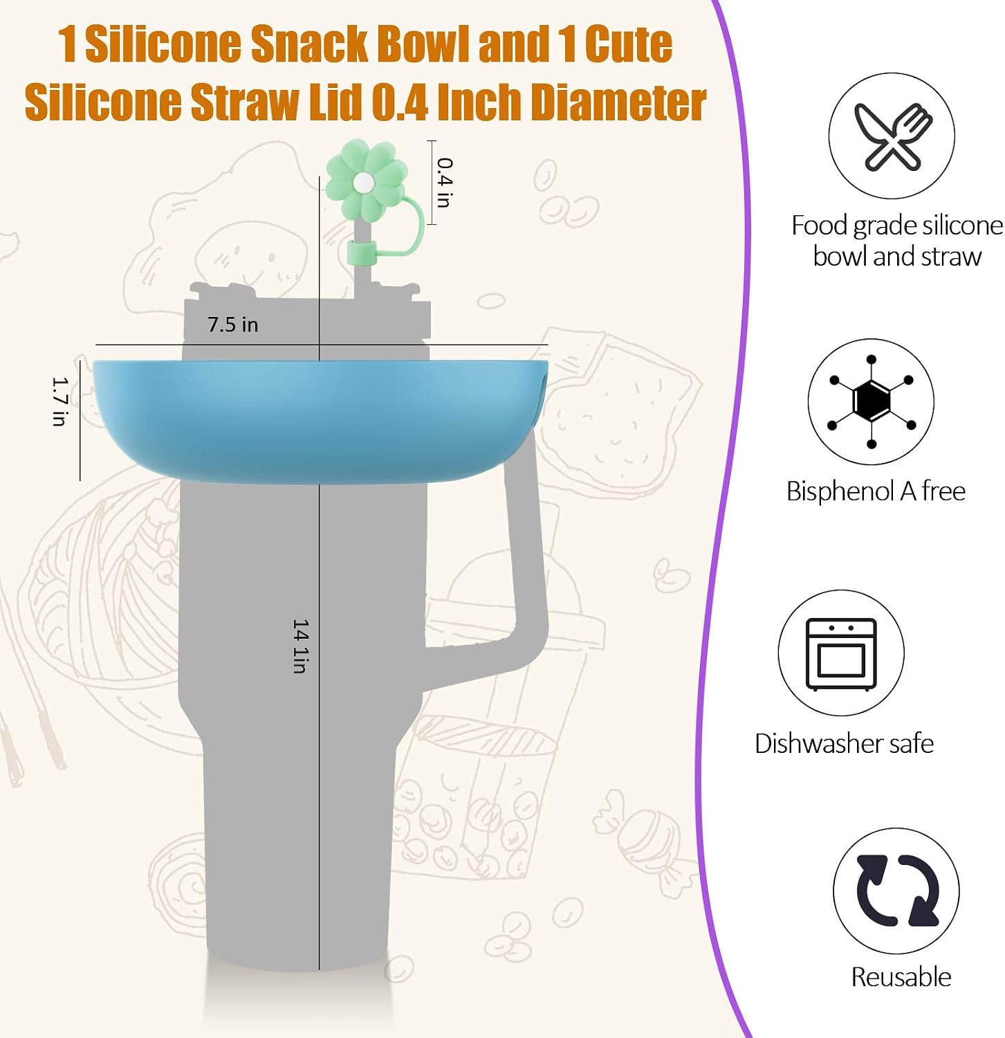 insefocc Snack Bowl for Stanley Cup 30 oz with Handle-Perfectly Compatible with Stanley Quencher H2.0 Tumbler 30 oz with Handle, Reusable Silicone Snack Tray, Stanley cup accessories (eal Snack Bowl) image 3