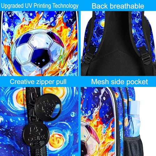 Image of HPJGD 3PCS Soccer Backpack for Boys, Water Resistant Kids Bookbag Set with Lunch Box, Cool School Bag for Elementary Preschool Toddler - Fire & Water Soccer