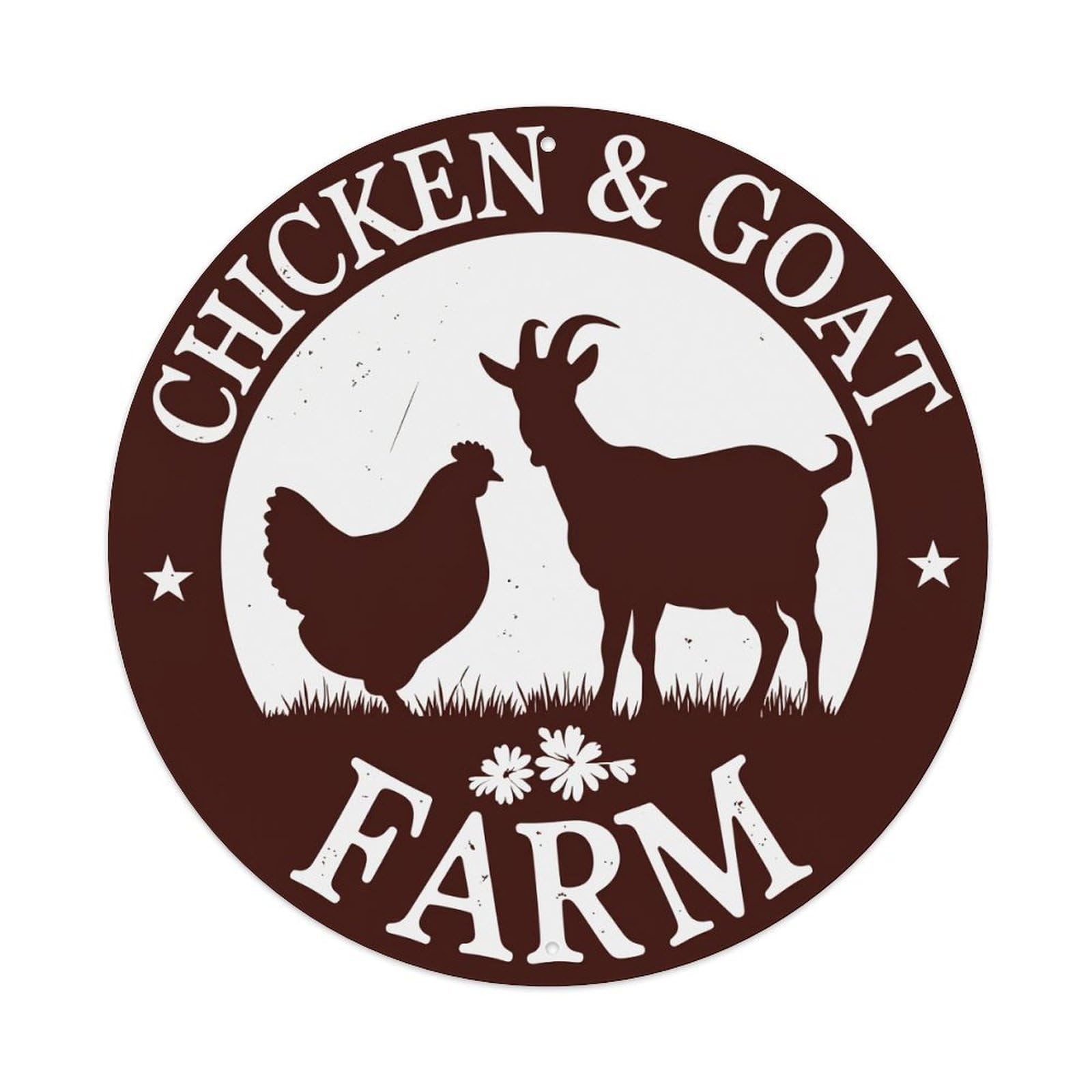 Chicken Goat Farm Logo Design Round Tin Sign Vintage Metal Poster, Home Bar Garage Man Cave Cafe Indoor & Outdoor Wall Decoration 8x8Inches