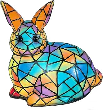 Rabbit Resin Decorative Figurine with LED Night Light, Artistic Animal Statue for Home Decor, Stained Glass Style Tabletop Sculpture, USB Powered, 17 cm