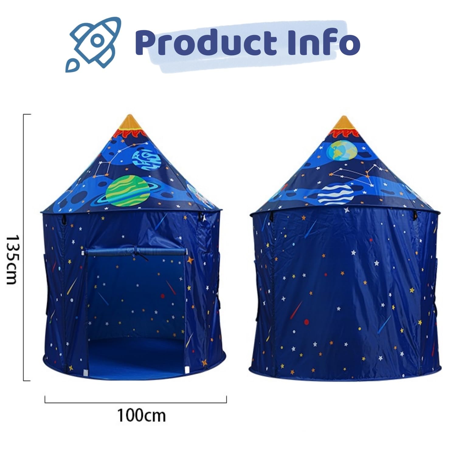 Benebomo Blue Space Rocket Play Tent for Kids Pop Up Wigwam for Boys and Girls Indoor & Outdoor, Dark Blue, 100x100x135cm - Image 4
