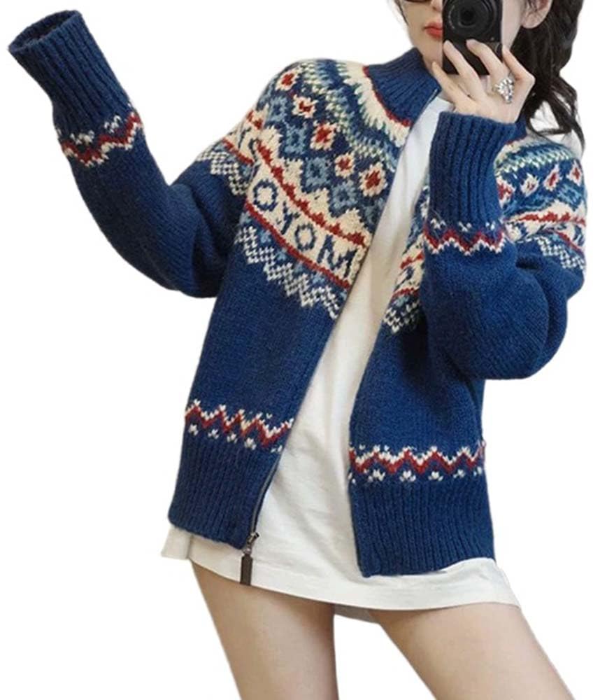Apvirdy Fair Isle Cardigan Women High Neck Zip Up Cardigan Sweater Christmas Cardigans Oversized Fall Knit Outerwear