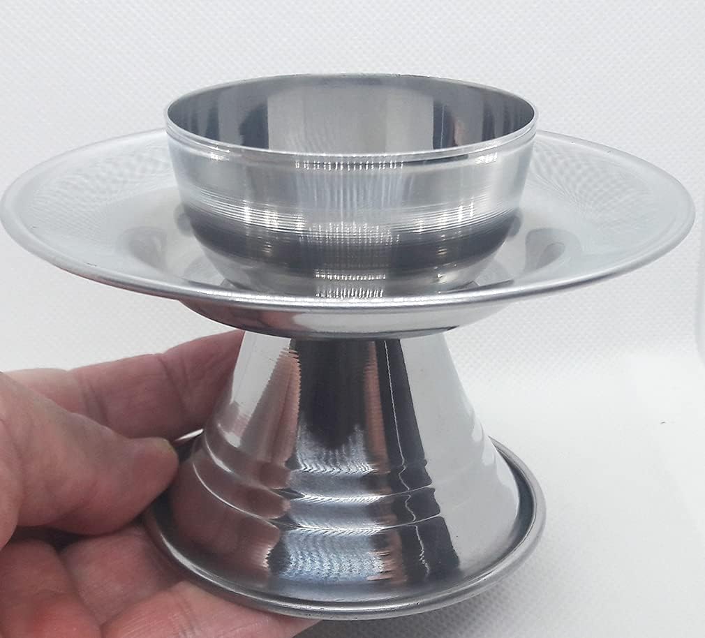 Traditional Stainless Steel Rice Wine Sake Soju Bowl Cup and Stand Set for Ancestral Rites