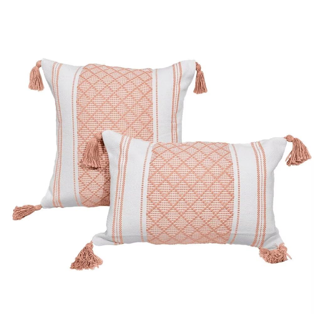 2 federe per Cuscini con Nappe Boho Decorative,Double-Face,con Accenti neutri,in Tessuto Trapuntato,in Cotone e Poliestere,per Divano,Camera da Letto,Stile Fattoria,Beige,