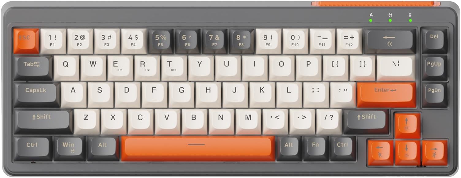 LexonElec X FREEWOLF M68 65% Wireless Gaming Keyboard, QWERTY Layout, BT/2.4G/Wired Silent Membrane Keyboard, Rainbow Backlit 67 Keys PBT Keycaps, 2000mAh Portable for Gamer/Office - Grey