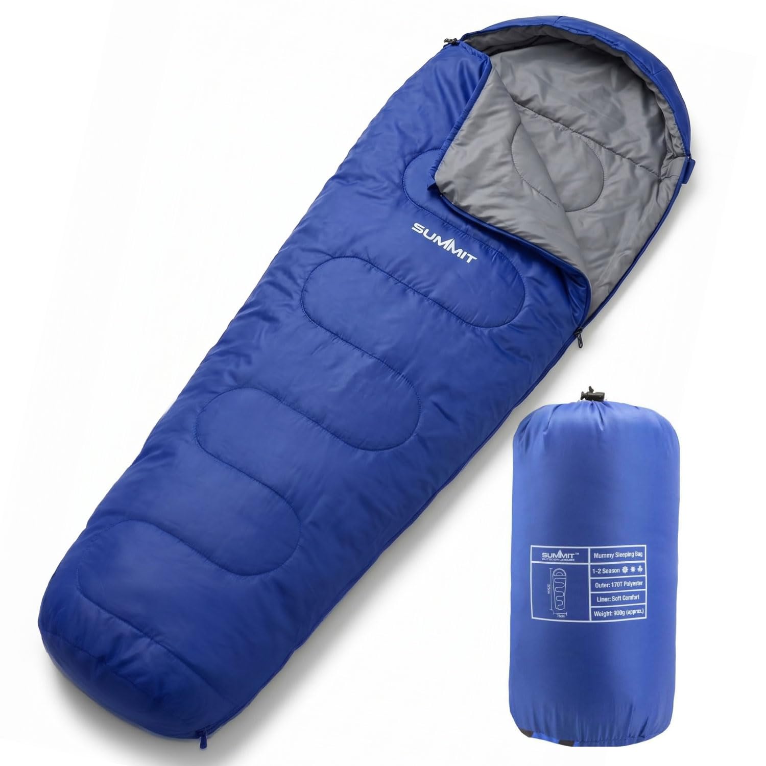 VFM e-Store - Mummy Sleeping Bag for Adults, Lightweight 2 Season Adult Sleep Bag for Summer Camping, Festivals and Travel, 225cm Single Bag With Carry Pouch, 170T Polyester, Blue