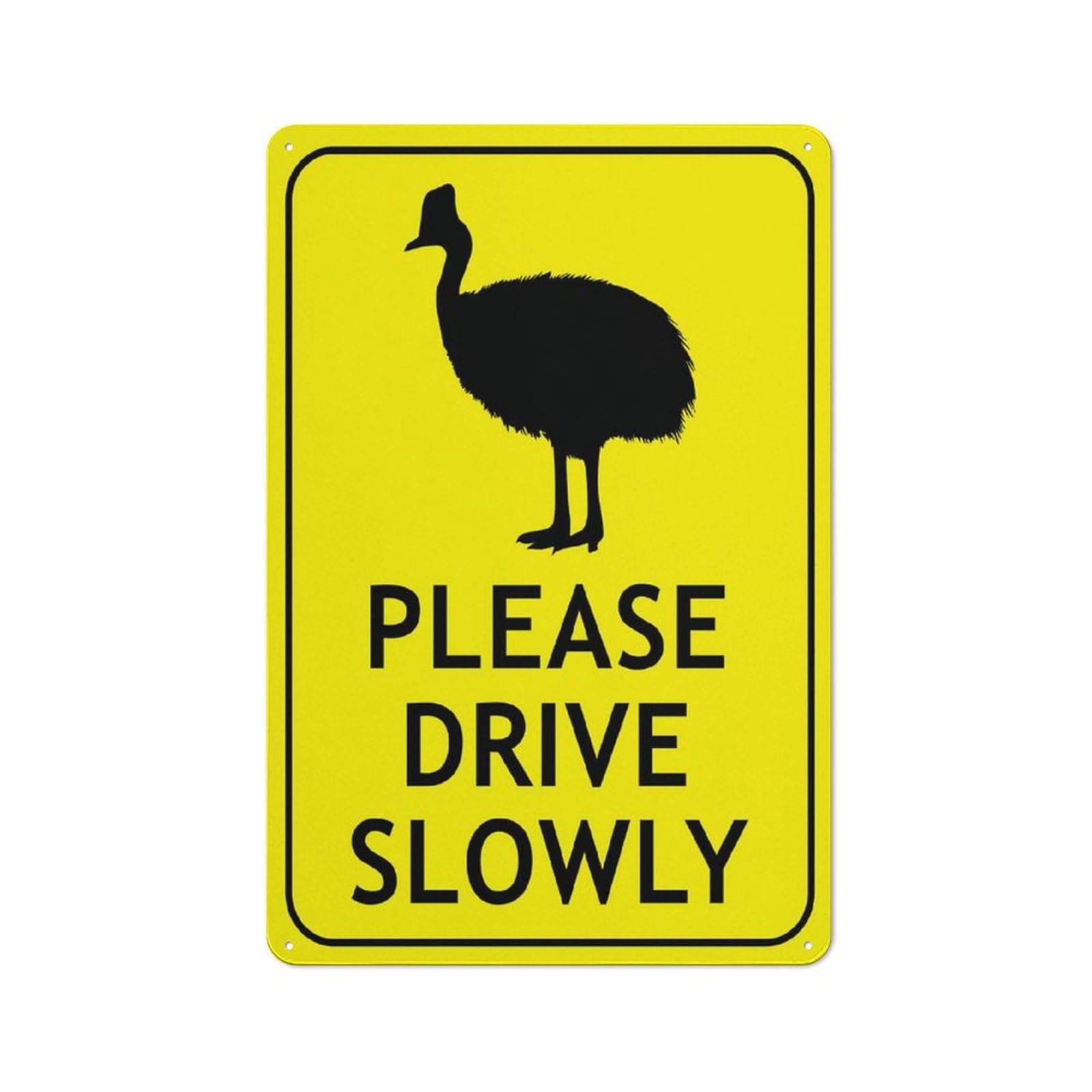 Cassowary (Please Drive Slowly - Bright Yellow) Sign, 8x12 Inch Metal Aluminum, Pre-Drilled Holes for Easy Mounting, Indoor/Outdoor Use for Fence, Door, Gate