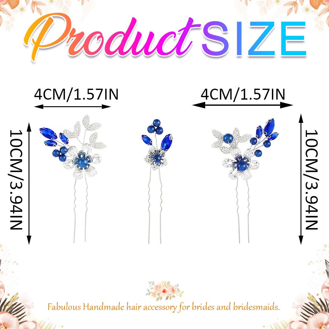 HEREAD Blue Crystal Bride Wedding Hair Pins Silver Flower Bridal Hair Pieces Pearl Hair Accessories for Women and Girls (Pack of 3) (Blue) - Image 7
