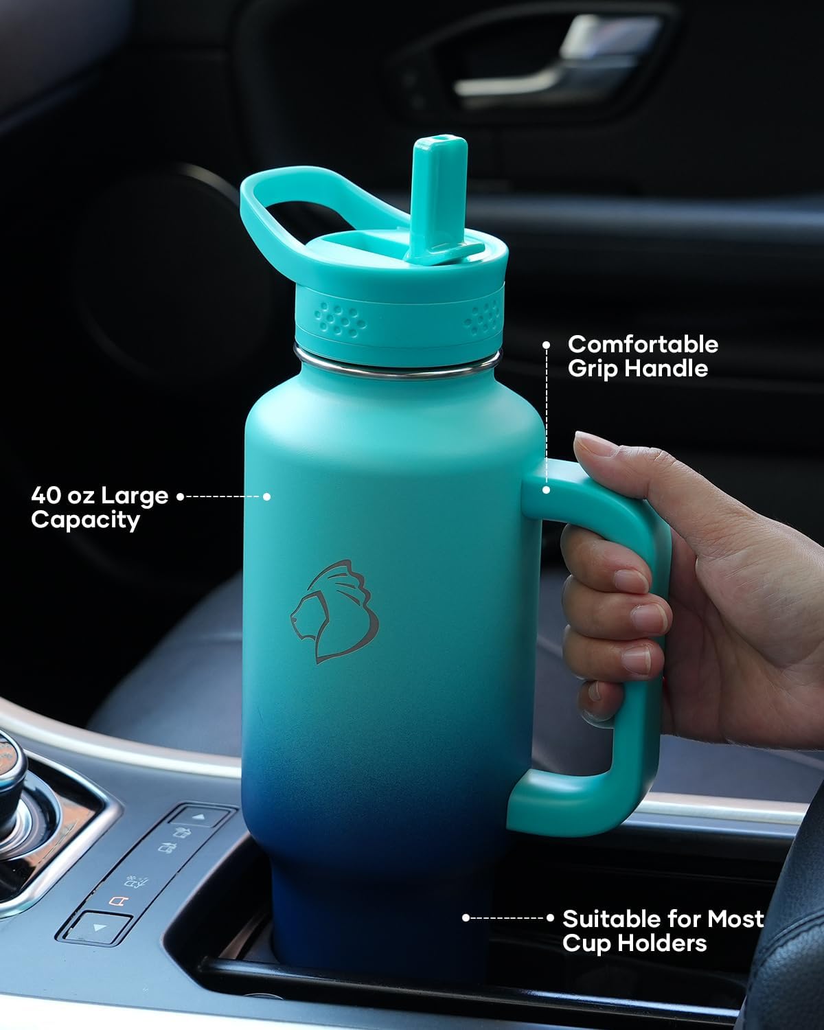 BUZIO Stainless Steel Water Bottle Fits in Cup Holder with Straw Spout Lid, 40 oz Insulated Tumbler with Handle, Double Wall Travel Mug Keep Cold 48hrs Hot 24hrs, Caribbean Blue - Image 2