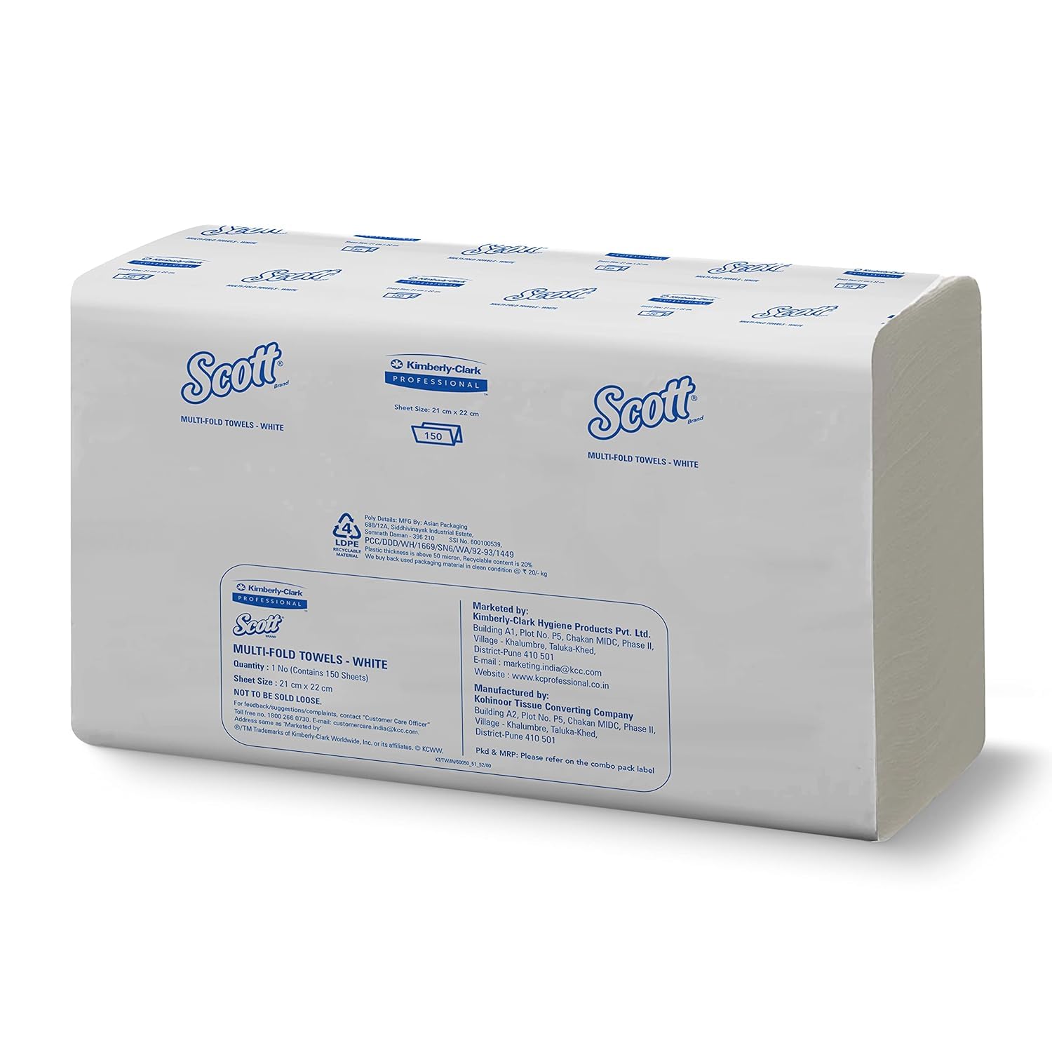 Kimberly-Clark Scott Multifold Paper Towels(M Fold),20 Packs,150 Pulls/Pack,Virgin Fiber(Total 3,000 Sheets)(60051)