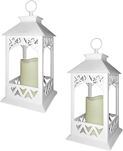 Faroles decorativos iluminados blancos, juego de 2 con velas LED y temporizador de 5 horas, uso en interiores y exteriores, paneles de latice de 13
